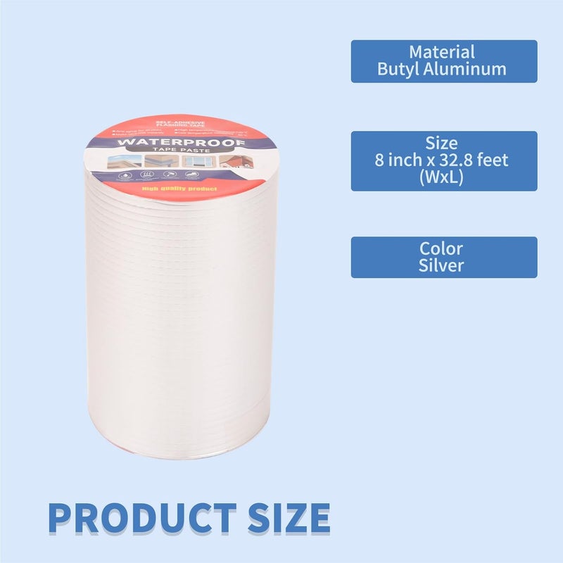 LFGUD 8" W X 32.8'L Waterproof Tape for Leaks Aluminum Butyl Tape with Adhesive for RV Repair, Glass Repairs, Air Mattress Patch, Window Caulking, Boat Sealing, Roof Patching - Image 2